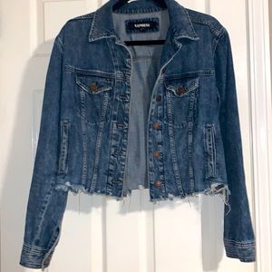 Express dark denim jean jacket, frayed cut bottom, cropped  Size small